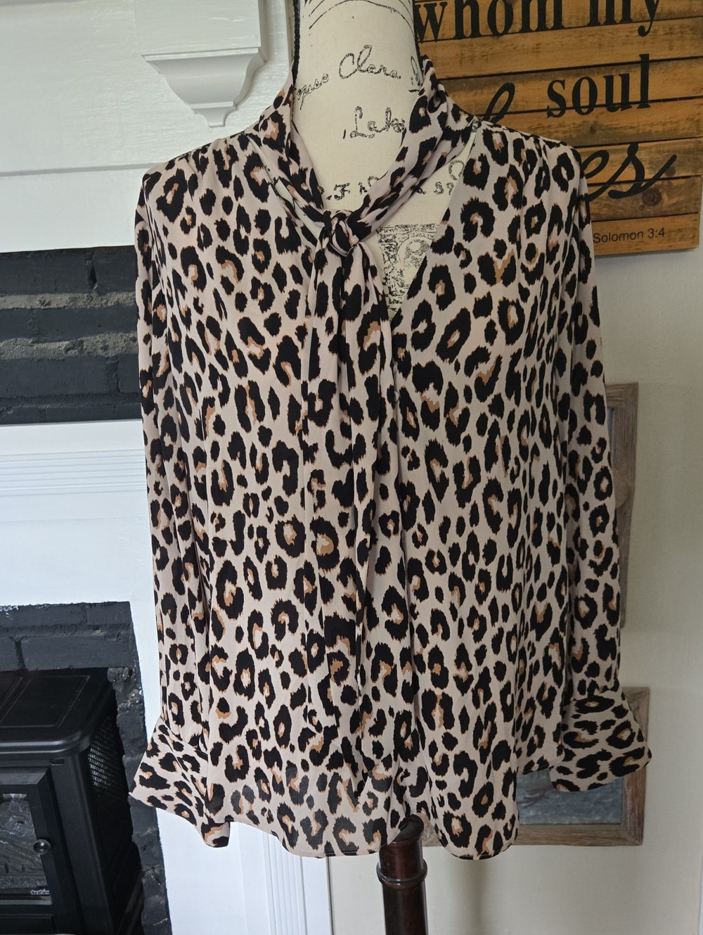 Ann Taylor Leopard-Print Tie-Neck Blouse in Beige and Black